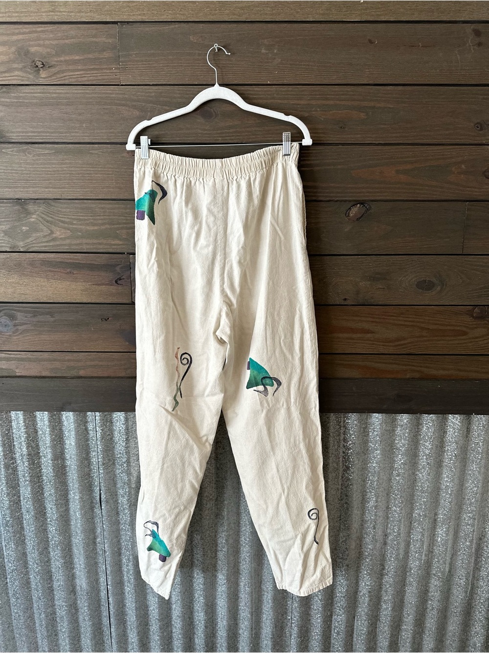 Vtg Play Alegre Geometric painted Pants
Sz L Artsy comfy pullon USA pockets
